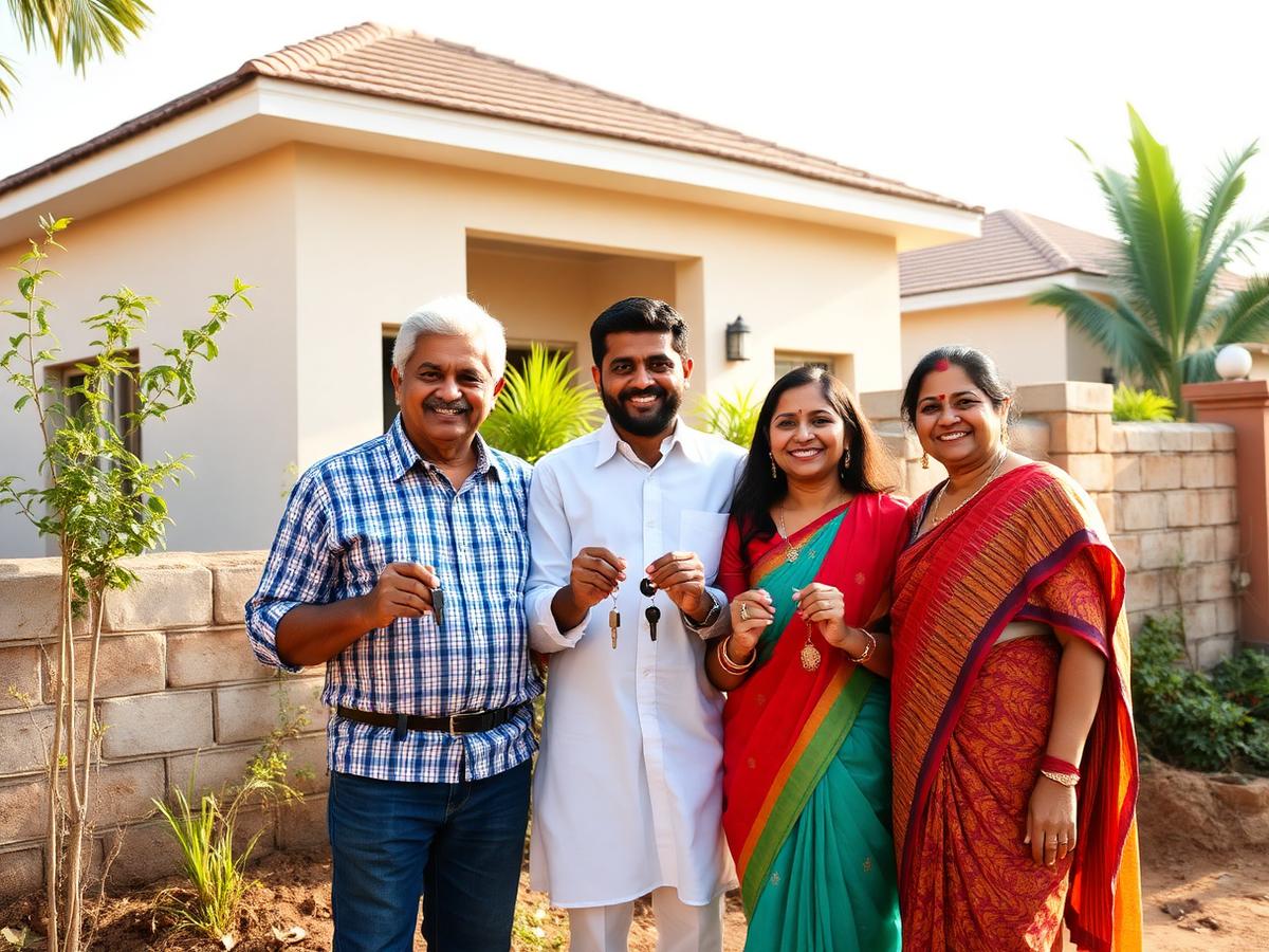 Happy family receiving keys to their new home in Chandrapur